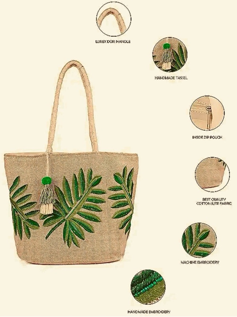 Large Herringbone Jute Tote Bag with Green Leaf Embroidery and Large Tassel